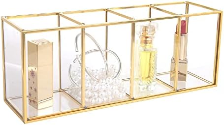 Feyarl 4 Compartments Gold Glass Makeup Brush Holder Pen Pencil Holder Transparent Office Supplies Holder Cosmetic Holder Beauty Display for Eyeliners Nail Polish Makeup Organizer