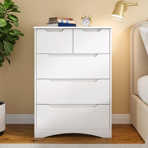 Blishom Kommode mit 5 Schubladen, Kommode für Schlafzimmer, für Büro, Wohnzimmer, Schlafzimmer, Flur, Möbel, 72x41x94 cm, Weiß