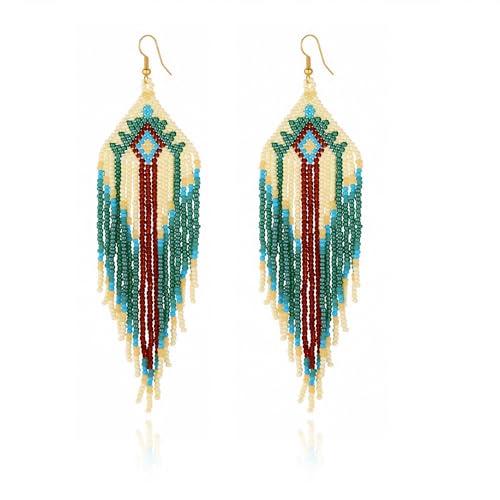 ALRNBY Long Beaded Earrings for Women Native American Jewelry Statement Tassel Dangling Earrings Boho Colorful Bead Gifts (Dark Green)