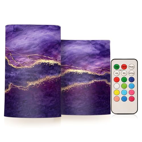 Image of Flickering Flameless Candles, Purple Marble with Golden Veins LED Candles with Remote Timer, Set of 2 Battery Operated Candle for Valentine Wedding Birthday