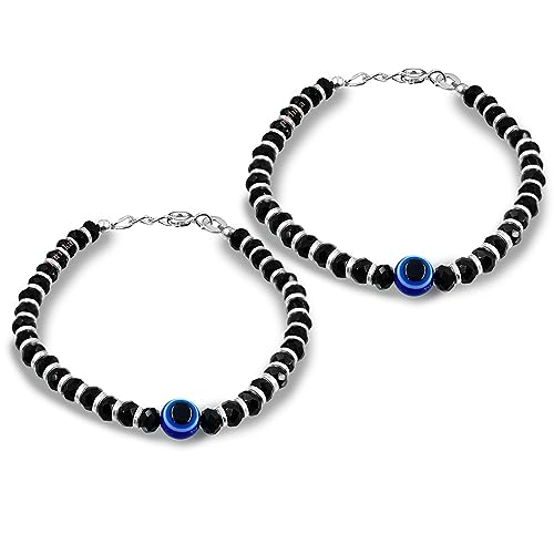 Image of Parnika (Formerly MJ 925 Traditional Silver & Black Crystals Baby Nazariya Kids Silver Bracelet in Pure 92.5 Sterling Silver for Kids - One pair