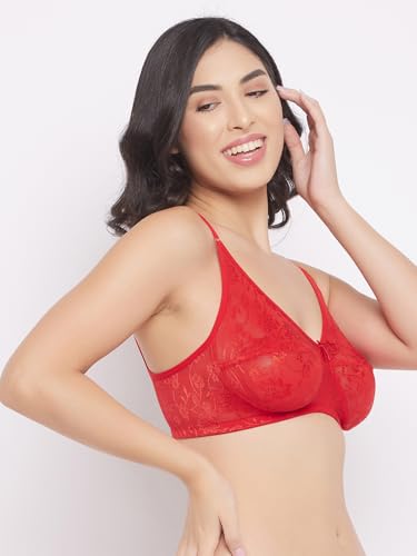 Image of Clovia Women's Lace Solid Non-Padded Full Cup Wire Free Bra - Light Red