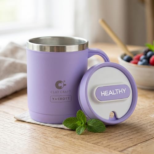 Image of CLAY CRAFT VACBOTT Dyona 400ML (Purple) Premium Stainless Steel Puf-Insulated Flask Mug| Long Hrs Hot & Cold|Airtight, BPA-Free, Leak-Proof Travel Mug with Handle| Made in India