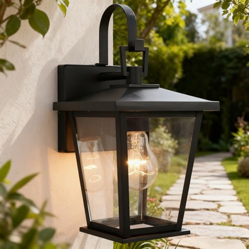 Image of Kalium Outdoor Light Fixtures Wall Mount, Waterproof Exterior Wall Lanterns with Glass, Matte Black, Outside Wall Sconces, Front Porch Lighting for House Garage Doorway Patio 12.5 in
