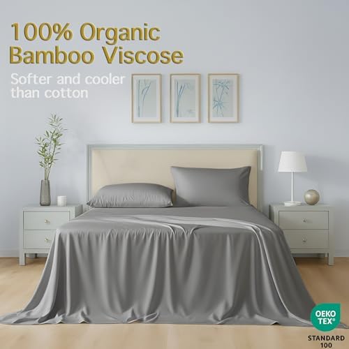100% Viscose from Bamboo Sheets Set King Size, Cooling & Anti-Pilling 4-Piece Bed Sheets Set for Hot Sleepers, 16 inch Deep Pocket, Luxury Soft Breathable, 400 TC, Gray - Thumbnail 2