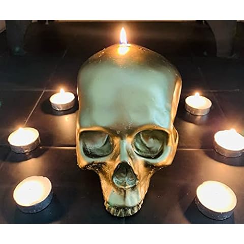 Huge Extra Large Gold Skull Shaped Candle | 24hr+ Burn TIme | 13cm Wide x 18cm Long x 12.5cm High | Halloween | Table Centre Piece | Novelty Candle | Gothic | Tealights NOT Included Cover