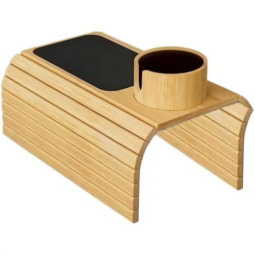 Bandeja plegable de bambú con portavasos, antideslizante, para reposabrazos de sofá, para drin y teléfonos celulares, accesorio perfecto para mesa de café para sala de estar