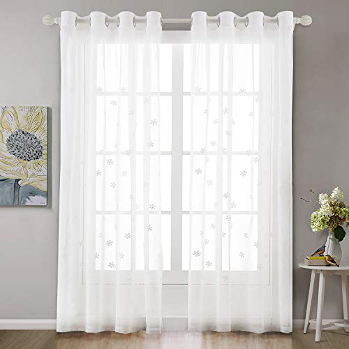Dreaming Casa Sheer Vorhang Stickerei Transparent mit Ösen Gardinen Ösenschal Dekoschal Schneeflocken Muster 2er Set 240x140cm(HxB) Cover