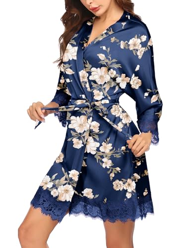 Image of Ekouaer Womens Silk Robes Short Lace Trim Satin Bride Bathrobe with Pockets
