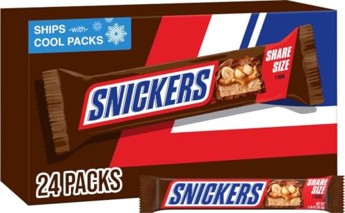 Image of SNICKERS Milk Chocolate Candy Bars, Share Size Bulk, 3.29 oz, Pack of 24