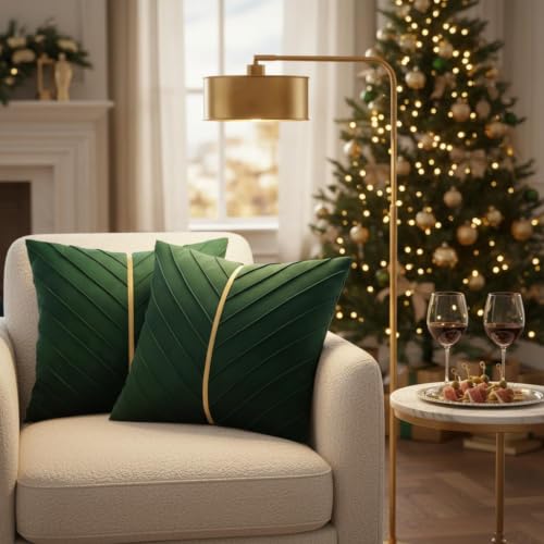 Image of Dark Green Velvet Pillow Covers 20x20 inch Pack of 2 Gold Decor