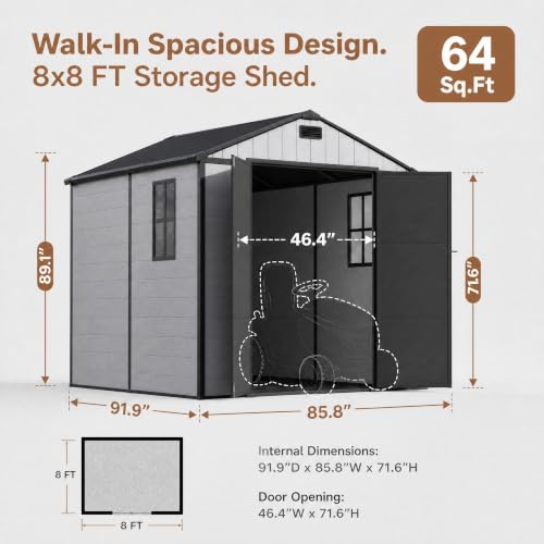 Image of Devoko 8 x 8 FT Resin Storage Shed with Floor, Outdoor Plastic Tool Shed