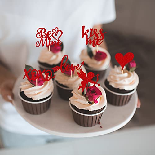 36 Pack Valentine's Day Cupcake Toppers Red Glitter Sweet Love Kiss Me Cupid Be Mine Cupcake Food Picks Valentine's Day Theme Wedding Bridal Shower Birthday Party Cake Decorations Supplies #TOP3
