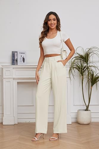 FUNYYZO Women Suit Pants Wide Leg Pants High Elastic Waisted in The Back Business Work Trousers Long Straight Beige2