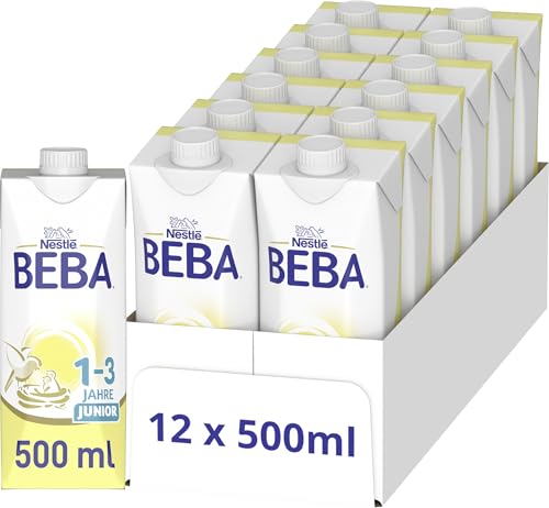 BEBA Junior 1-3 Jahre Milchgetränk trinkfertig, Mit HMO, Altersgerecht angepasster Proteingehalt, Ohne Palmöl, Ohne Fischöl, Kleinkindnahrung, 12er Pack (12 x 500ml)