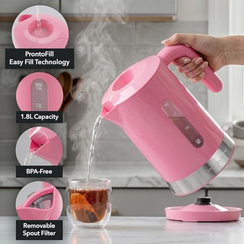 Image of OVENTE 1.8L Electric Kettle, BPA-Free with Easy-Fill Lid, Pink KP413P | 1500W Fast Boiling Water Heater, Auto Shut-Off, Boil-Dry Protection, 360 Swivel Base, Clear-View Window, Removable Filter