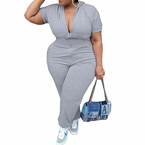 One Piece Jumpsuits For Women - Short Sleeve Hoodie Zip V Neck Bodycon Long Romper Playsuits Gray 1X #TOP23