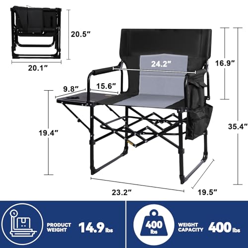 Image of Romswi 2Pack Director Chairs for Outdoor, Folding Camping Chair, Compact Directors Chair Side Table and Side Bag, Heavy Duty Oversize Chair for Beach Fishing Picnic, Holds up to 400 lbs Black