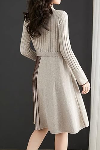 Image of LAI MENG FIVE CATS Women's Elegant Long Sleeve Stripe Sweater Ribbed Knit Pullover Fall Midi Dress