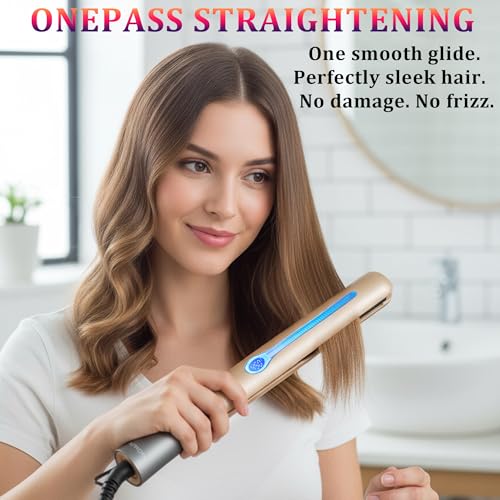 Image of NITION Ceramic Tourmaline Hair Straighteners LCD Flat Iron MCH 10s Fast Heating Up. 1 inch 3D Floating Plate Healthy Smooth Home Straightening Tools. Travel Pouch. Dual Voltage. Elegant Gift Box