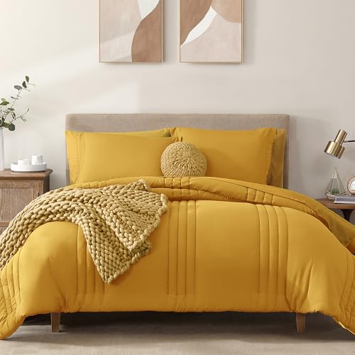 Image of Monbix Queen Comforter Set - 7 Pieces Bright Yellow Bed in a Bag Queen Bedding Sets with Comforters, All Seasons Comforter Bed Set with Sheets,Pillowcases & Shams