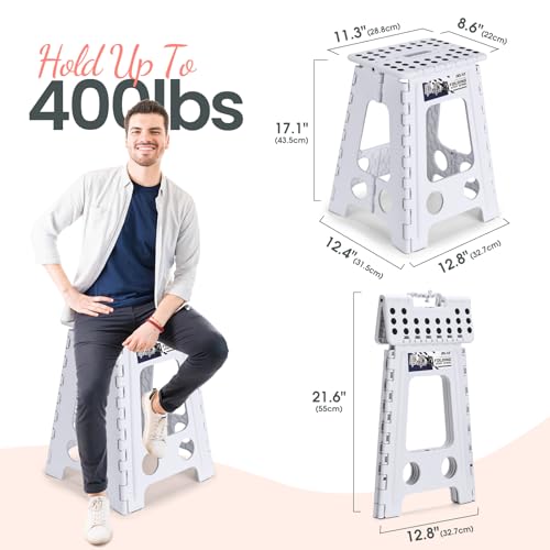 Image of Delxo Folding Step Stool 17.5 Inch White Step Stools for Kids Foldable,Portable Collapsible Step Stool with Handle, Folding Stool for Kitchen Bathroom,Bedroom,Garden