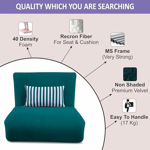 Image of Adorn India Easy Multi Mode 1 Seater Sofa Cum Bed | Velvet Fabric | Ocean Blue | Stripes Design | Comfortable Seating | Washable Cover | Perfect for Home & Office