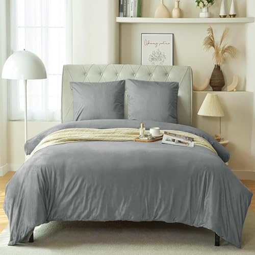WOLTU Juego de Funda de Edredón de Forro Polar 220x240 cm, con 2 Funda de Almohada Térmica, Ropa de Cama de Invierno Cálida y Suave, Funda Nórdica para Cama, Color Gris