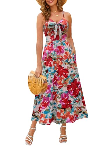 Image of Kranda Women 2026 Summer Sundress High Waist Tie Front Spaghetti Strap Long Beach Floral Tiered Maxi Dress with Pockets