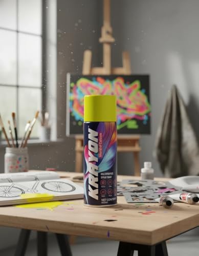 Image of BANNA Krayon Yellow Acrylic Spray Paint 400 ml | Quick Dry Rust-Resistant Multi Surface Aerosol Spray Paint for Metal, Wood, Plastic, Glass, Furniture & DIY Projects