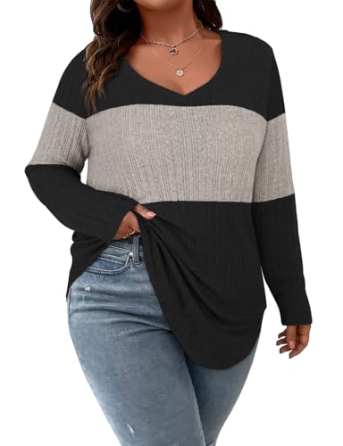 Image of Koscacy Women Plus Size Casual Knit Sweater V Neck Solid Color Tops Lightweight Long Sleeve Blouses