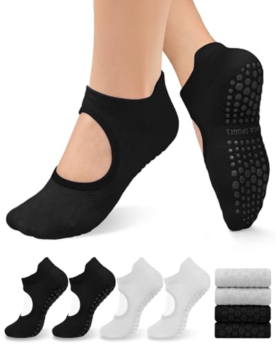 Image of yeuG Pilates Socks for Women Non Slip Grip Socks for Yoga, Barre, Hospital, Barefoot Grippy Yoga Sock Womens Gifts 4 Pairs