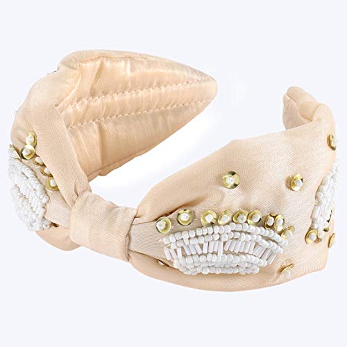 Embroidered Headband For Woman Hand Sewing Beaded Wide Elastic Hair Hoops Bohemia Boho Knotted Turban Headband Hairband Hair Accessories (White Beaded) #TOP1