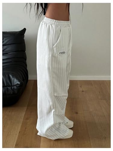GORGLITTER Women's Y2k Wide Leg Baggy Track Pants Striped Elastic Waisted Drawstring Trousers2