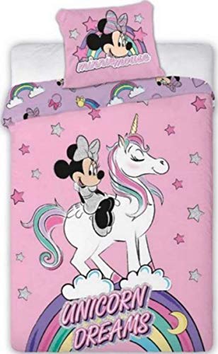 Enjoykids Parure de lit Minnie Licorne - Housse de Couette 140x200 cm + Taie d'oreiller Minnie avec Licorne