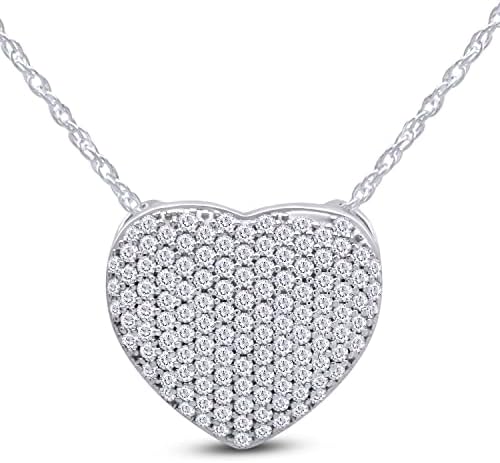 Wishrocks Round Cut Pave Set White Cubic Zirconia Puffed Heart Pendant Necklace in 14k White Gold Plated 925 Sterling Silver Along With 18" chain, Jewelry gift for Women, girls, teens