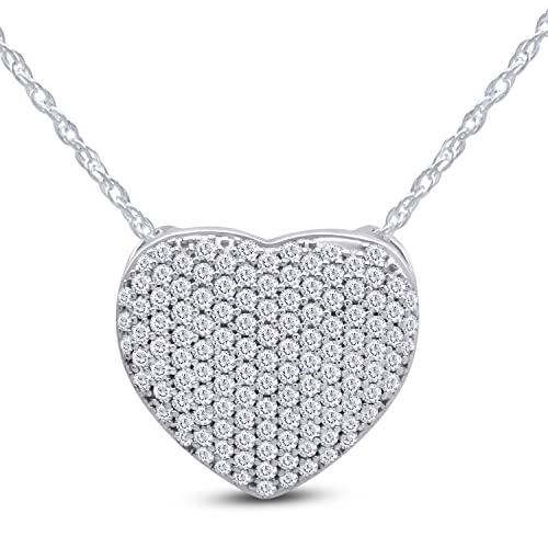 Wishrocks Round Cut Pave Set White Cubic Zirconia Puffed Heart Pendant Necklace In 14K White Gold Plated 925 Sterling Silver Along With 18" Chain, Jewelry Gift For Women, Girls, Teens #TOP3