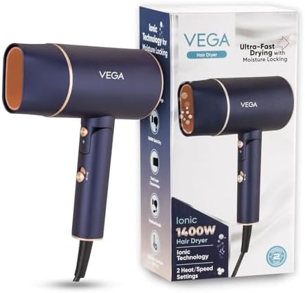 Vega Ionic 1200-1400W Foldable Hair Dryer for Men and Women, Quick & Fast Drying with Ionic Technology & 2 Heat/Speed Settings (Low & High), Cool Shot Button, Detachable Nozzle, Blow Dryer (VHDH-35)