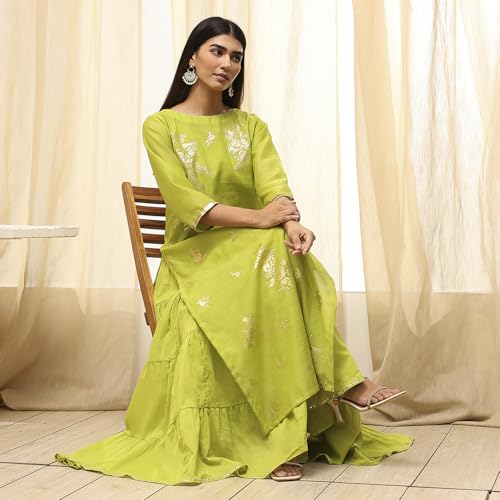 Image of Biba Women's Poly Chanderi 3 /4 Sleeves Calf Length Round Neck A-Line Casual Dress