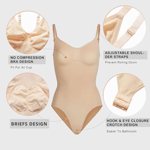Image of YIANNA Women's Shapewear Tummy Control Seamless Bodysuit Thong Body Shaper | Waist Shaping Faja Body Suit, High Stretch Compression Garment, Hook and Eye Crotch, for Invisible Under Dresses & Daily Wear