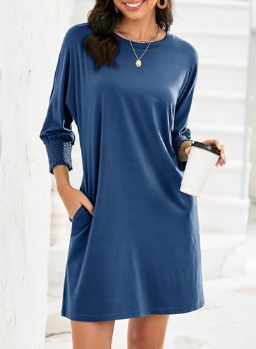 Image of Dokotoo Womens Dresses 2025 Spring 3 /4 Sleeve Fashion Dresses Crewneck Casual Mini Dress with Pockets S-XL