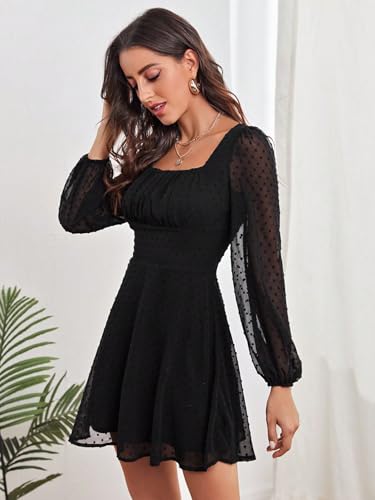 Image of Women's Polka Swiss Dots Square Neck Dress Lantern Long Sleeve Dress for Women Chiffon Mini Dress