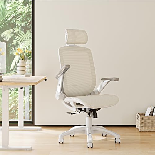Image of GABRYLLY Ergonomic Office Chair, High Back Home Desk Chair with 2D Flip-Up Arms, 3D Headrest, 90-120 Tilt and Wide Cushion, Big and Tall Mesh Chairs for Man Woman, Computer Task Chair Beige