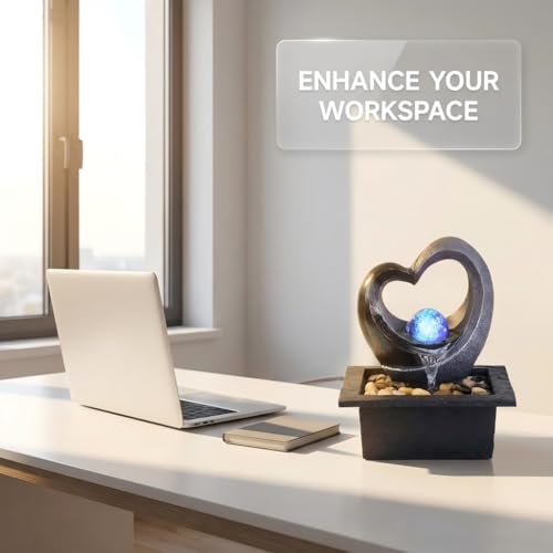 Ferrisland Tabletop Water Fountain, Zen Meditation Indoor Waterfall Fountain, Heart Shape Decoration with LED Light for Home Office Bedroom Relaxation Decor, Gift Ideas
