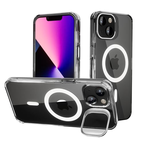 amazon basics iPhone 13/14 Case, Compatible with MagSafe, Adjustable Camera Ring Stand, Scratch Resistant Back, Military-Grade Protection, TPU, Classic Magnetic Back Cover with Kickstand, Clear