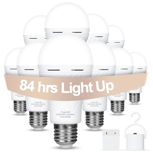 10 Packs Rechargeable Light Bulbs,Emergency Light Bulbs Socket Self-Charging, 6500K Battery Powered Light Bulb for Lamps and Wall Sconces, Up to 24 Hours Outdoor Camping Hiking Hurricane