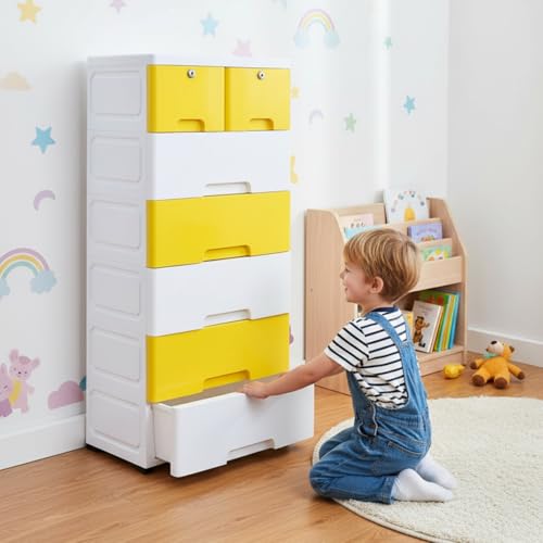 Image of The Tickle Toe 7-Drawer Plastic Kids Cabinet | Lockable Storage Organizer with 5 Big & 2 Small Drawers | Portable & Child Safe | 51L x 33W x 121H cm | Yellow & White