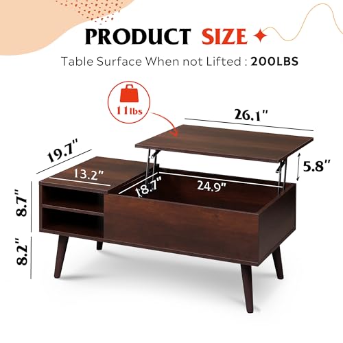 Image of WLIVE Lift Top Coffee Table with Hidden Storage, Adjustable Shelf, Espresso | Mid Century Modern Wooden Coffee Table, for Dining /Living Rooms /Offices; 39.4 inchW x 19.7 inchD x 16.9 inchH