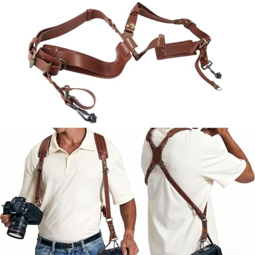 Correa de cuero para cámara doble arnés de hombro Ticha color marrón para réflex DSLR 6