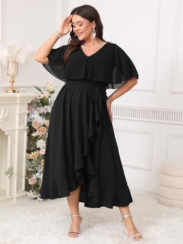 Image of Women Plus Size Long Formal Dress Short Sleeve Chiffon Ruffle V Neck High Low Split Wedding Guest Maxi Dresses